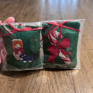 Mini CROSS STITCH PILLOW ORNAMENT LOT 2 Candy cane Raggedy Ann Looking Doll